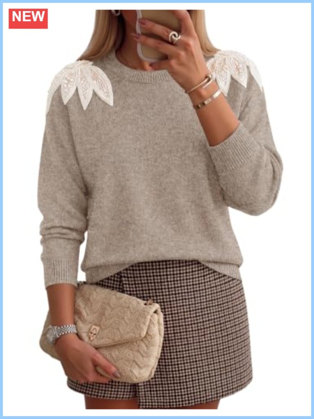 ZESICA Cozy Pearl Lace Trim Pullover Sweater Women's Fall Winter Knit Top
